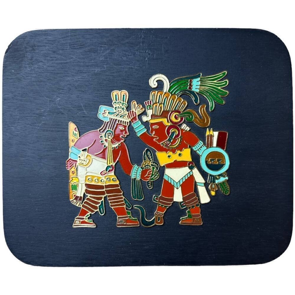 Aztec Black Wood and Metal Enameled Plaque Mexican Art "Tizoc" D.F